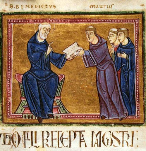 Benedict delivering his rule to the monks of his order